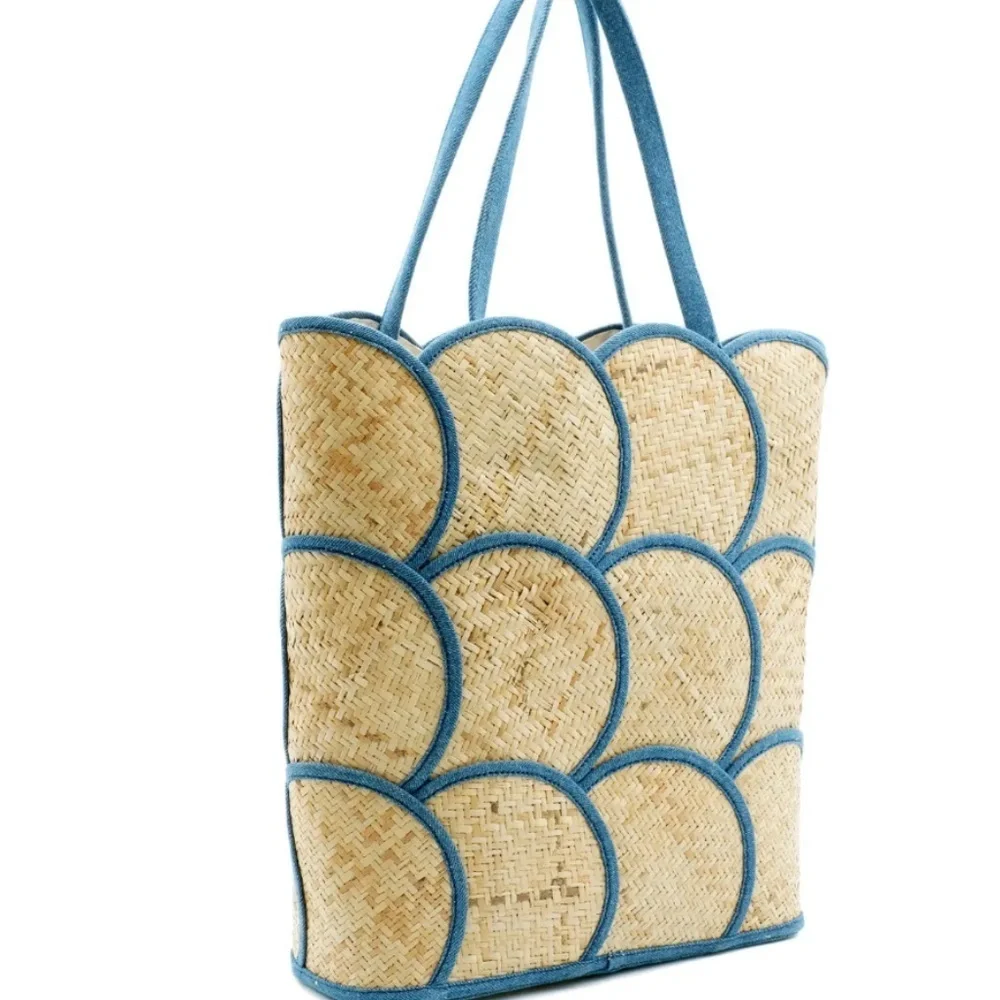 Poolside Designer Denim Scallop Straw Tote Medium